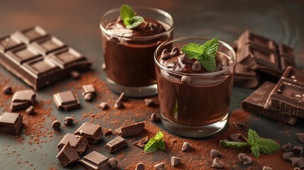 Food Photography, Gourmet Chocolate Mousse with Mint and Chocolate Chips, Decadent Delight,