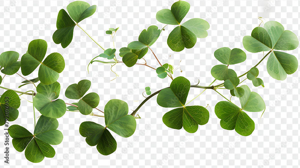 Wall mural a sprig of vibrant green clover leaves against a transparent background. Each leaf is heart-shaped and attached to thin stems