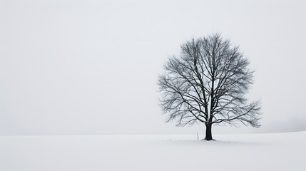 A minimalist depiction of a solitary tree in winter, its branches stark against the clean white background.