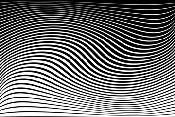 Abstract Halftone Op Art Black and White Wavy Lines Textured Background with 3D Illusion and Twisting Movement Effect. 