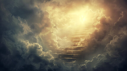 a staircase ascending into a bright light, enveloped by clouds. The scene evokes a sense of heavenly or ethereal transcendence - obrazy, fototapety, plakaty