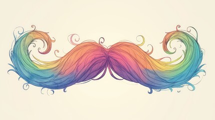 A charming hand drawn doodle sketch of a colorful mustache set against a clean white background