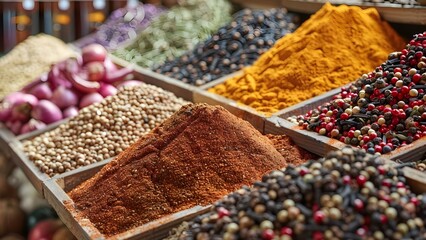 Find a variety of traditional spices from different cultures at a local market. Concept Local Market, Traditional Spices, Culinary Adventure