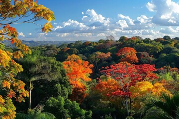 Discover a serene view of Brazilian trees in autumn, where foliage painted in shades of red, orange, and yellow creates a mesmerizing contrast against the deep green of the surrounding vegetation 