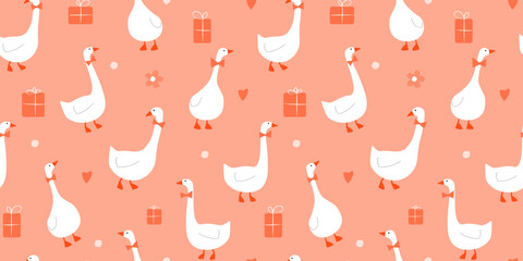Seamless pattern with holiday geese, gift boxes, hearts, flowers. Abstract greeting print with birds for packaging, fabric. Vector graphics.