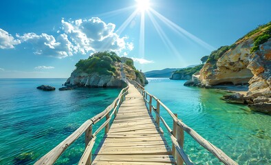 wooden bridge to a small island in a clear turquoise sea in Greece, with sun rays and a blue sky, 