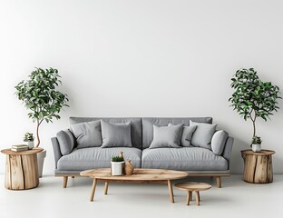 Scandinavian style interior mockup of a living room with a gray sofa and wooden side tables on a white background