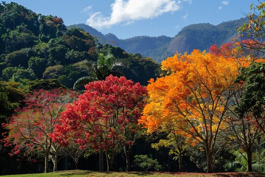Discover a serene view of Brazilian trees in autumn, where foliage painted in shades of red, orange, and yellow creates a mesmerizing contrast against the deep green of the surrounding vegetation 