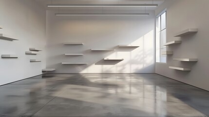 A modern art gallery with empty cubic shelves of varying sizes on a stark white wall. The floor is polished concrete, and the lighting is strategically placed 
