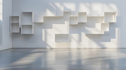 A modern art gallery with empty cubic shelves of varying sizes on a stark white wall. The floor is...