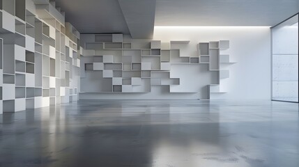 A modern art gallery with empty cubic shelves of varying sizes on a stark white wall. The floor is polished concrete, and the lighting is strategically placed 