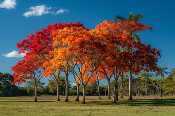 Naklejka na ściany i meble Discover a serene view of Brazilian trees in autumn, where foliage painted in shades of red, orange, and yellow creates a mesmerizing contrast against the deep green of the surrounding vegetation 