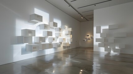 A modern art gallery with empty cubic shelves of varying sizes on a stark white wall. The floor is...