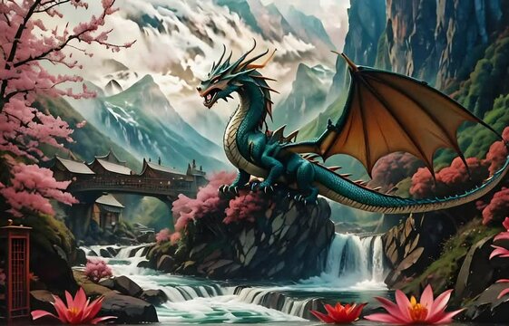 Majestic dragon perched atop a mountain with a traditional Asian landscape

