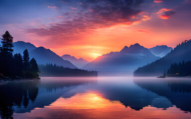 Fototapeta premium A serene lake nestled between mist-covered mountains, its surface mirroring the colors of the dawn sky.