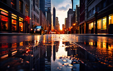 A rain-soaked cityscape reflected in the shimmering surface of a puddle, capturing the beauty in...