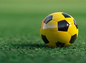 Yellow black football ball on green floor background in the style of a grass field for soccer sport competition in an outdoor stadium
