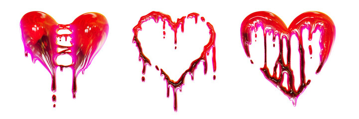 3D bloody heart set, liquid red y2k love sign, glossy dripping gothic Valentine holiday sticker kit. Romantic realistic slime splash shapes, horror grunge stain. Bloody heart isolated collection © Oleksandra