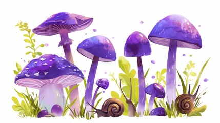 2d illustration featuring vibrant purple mushrooms surrounded by snails and grass set on a clean white background Ideal for incorporating into logos icons decorations and postcards - obrazy, fototapety, plakaty