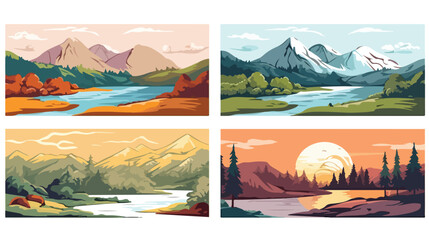 Nature color line landscapes set with mountains for