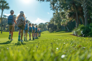 Joyful kids swinging golf clubs on a lush green course, learning the art of precision and patience in junior golf tournaments. Concept of youth golf development. Generative Ai. - obrazy, fototapety, plakaty
