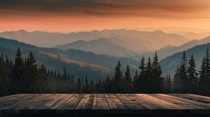A serene view showcasing layers of mountains under a captivating sunset sky, highlighted by the silhouette of pine trees in the foreground
