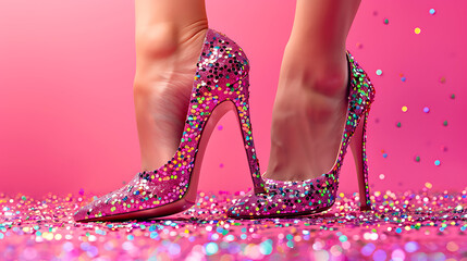 a pair of legs adorned in sparkling high heels set against a vibrant pink background. The high heels themselves are bedazzled with numerous small