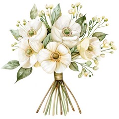 A delicate arrangement of white flowers and green leaves tied with a simple string, giving a pure and natural feel, ideal for various design uses