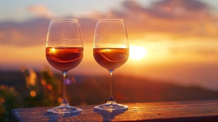 two glasses of wine glisten in the warm glow of the sunset
