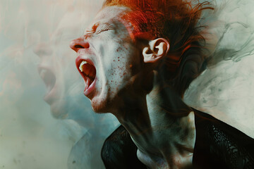 Rage and fury concept. Close up profile portrait of red-haired young man screaming. Double exposure