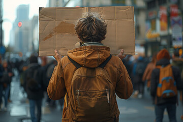 Obraz premium A protester holding a sign aloft in a crowded city square, demanding action on climate change and environmental justice. Concept of climate activism. Generative Ai.