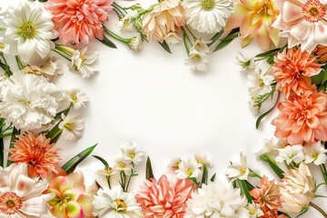 Obraz na płótnie Canvas A beautiful floral arrangement creating a frame with a white background, perfect for invitations or announcements