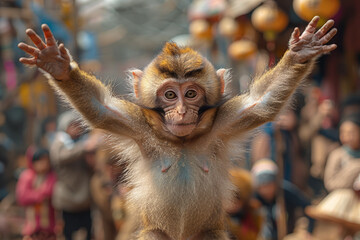 A monkey performing tricks at a street fair, entertaining crowds with its agility and charm. Concept of primate interaction in human entertainment. Generative Ai. - obrazy, fototapety, plakaty