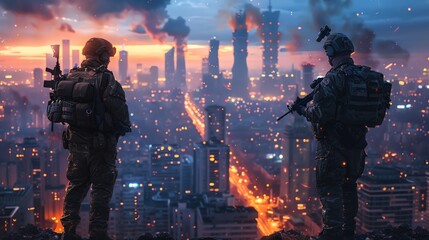Futuristic Soldiers Overlooking Dystopian Cityscape at Sunset - obrazy, fototapety, plakaty