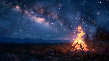 A peaceful evening scene with a bonfire blazing under the starry sky, evoking the custom of staying up all night to study Torah on Shavuot.