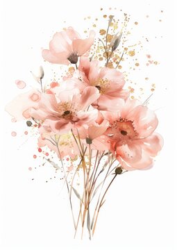 This image features a soft and elegant watercolor painting of delicate flowers, with subtle splashes of color and fine details, creating a serene and graceful composition
