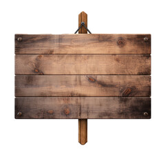 Hanging Wooden Sign Plank on White Background. Blank Vintage Wooden Signboard. Rustic Information Sign. Generative AI
