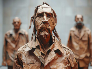Origami figures resembling people, crafted with intricate detail in a life-like pose.
