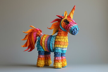 colorful handmade unicorn piñata for festive celebrations isolated on a grey background