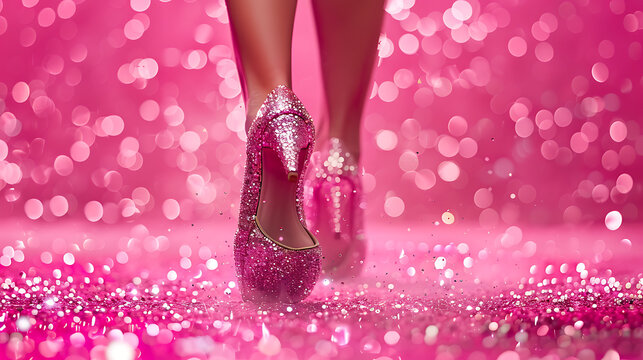 a pair of legs adorned in sparkling high heels set against a vibrant pink background. The high heels themselves are bedazzled with numerous small