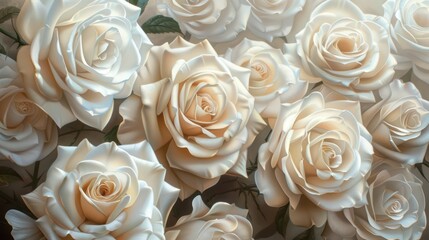 This image features a detailed close-up of a bouquet of cream-colored roses with soft light enhancing the delicacy and romantic feel of the flowers