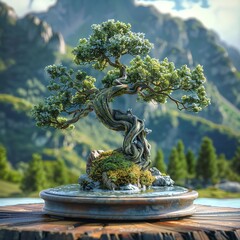 bonsai and fountain in the garden - obrazy, fototapety, plakaty