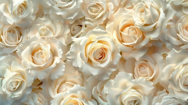 A high-resolution image capturing the soft, delicate texture of cream roses in full bloom, showcasing the intricate details and petals