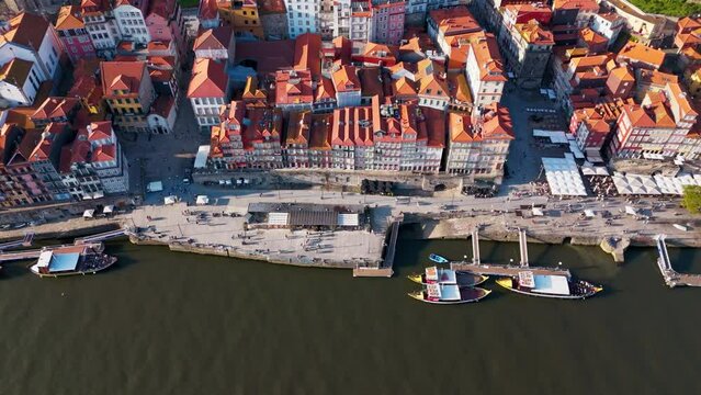 Aerial view of the old city with promenade Ribeira district of the Douro river in Porto, Portugal