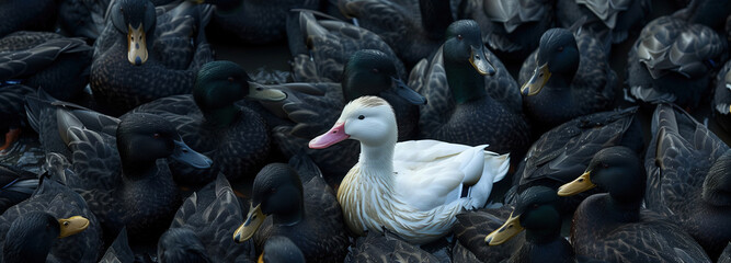 The lone white duck amidst a sea of black, symbolizing social outsiders. A solitary white duck stands out among a crowd of black ducks, representing the social outcast - obrazy, fototapety, plakaty