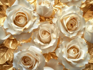 A stunning arrangement of pristine white roses contrasted with gilded leaves, conveying a sense of luxury and timeless elegance in the image