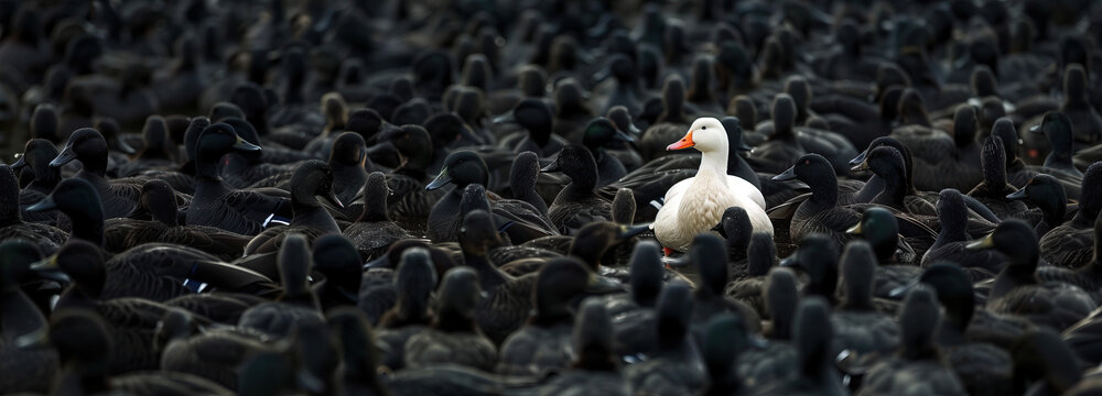 Striking visual metaphor for exclusion. A lone white duck stands out in sharp contrast among countless black ducks, symbolizing the isolation felt by those deemed different in society