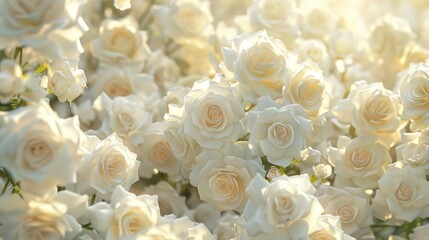 A beautiful close-up of countless white roses blooming under the warm sunlight, capturing the delicate petals and serene ambiance