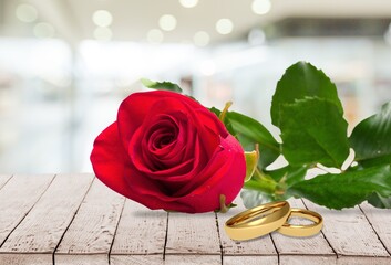 Creative love red rose and wedding ring