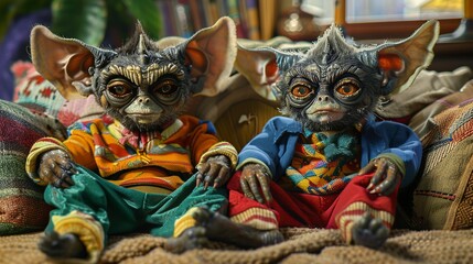 Two mischievous monsters on the sofa - obrazy, fototapety, plakaty